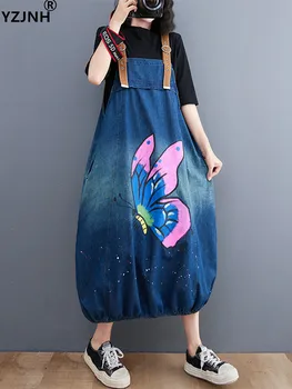 YZJNH 2023 קוריאנית רופף אופנה בסגנון פרפר הדפסת ארוך ג ' ינס רצועת שמלה לנשים